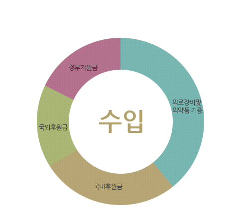 수입 : 의료장비및 의약품 기증, 국내후원금, 국외후원금, 정부지원금