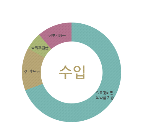 수입 : 의료장비및 의약품 기증, 국내후원금, 국외후원금, 정부지원금
