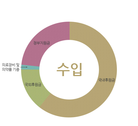 수입 : 국내후원금, 국외후원금, 의료장비 및 의약품 기증, 정부지원금