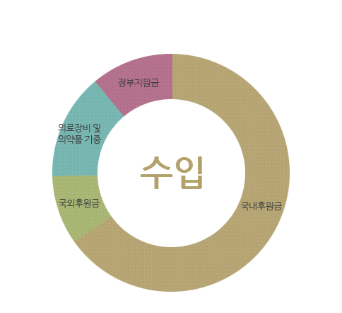 수입 : 국내후원금, 국외후원금, 의료장비 및 의약품 기증, 정부지원금