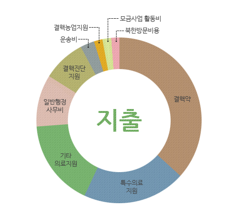지출 : 결핵약, 특수의료 지원, 기타 의료지원, 일반행정 사무비, 결핵진단 지원, 운송비, 결핵농업지원, 모금사업 활동비, 북한방문비용
