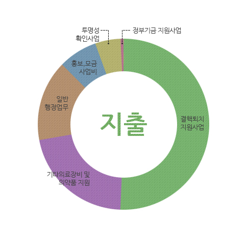 지출 : 결핵퇴치지원사업, 기타의료장비 및 의약품 지원, 일반 행정업무, 홍보,모금 사업비, 투명성 확인사업, 정부기금 지원사업